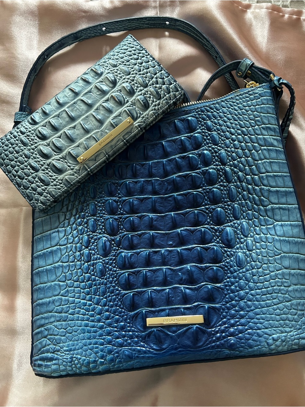 Brahmin Teal-Blue Croc-Embossed Leather Shoulder Bag with Matching Wallet